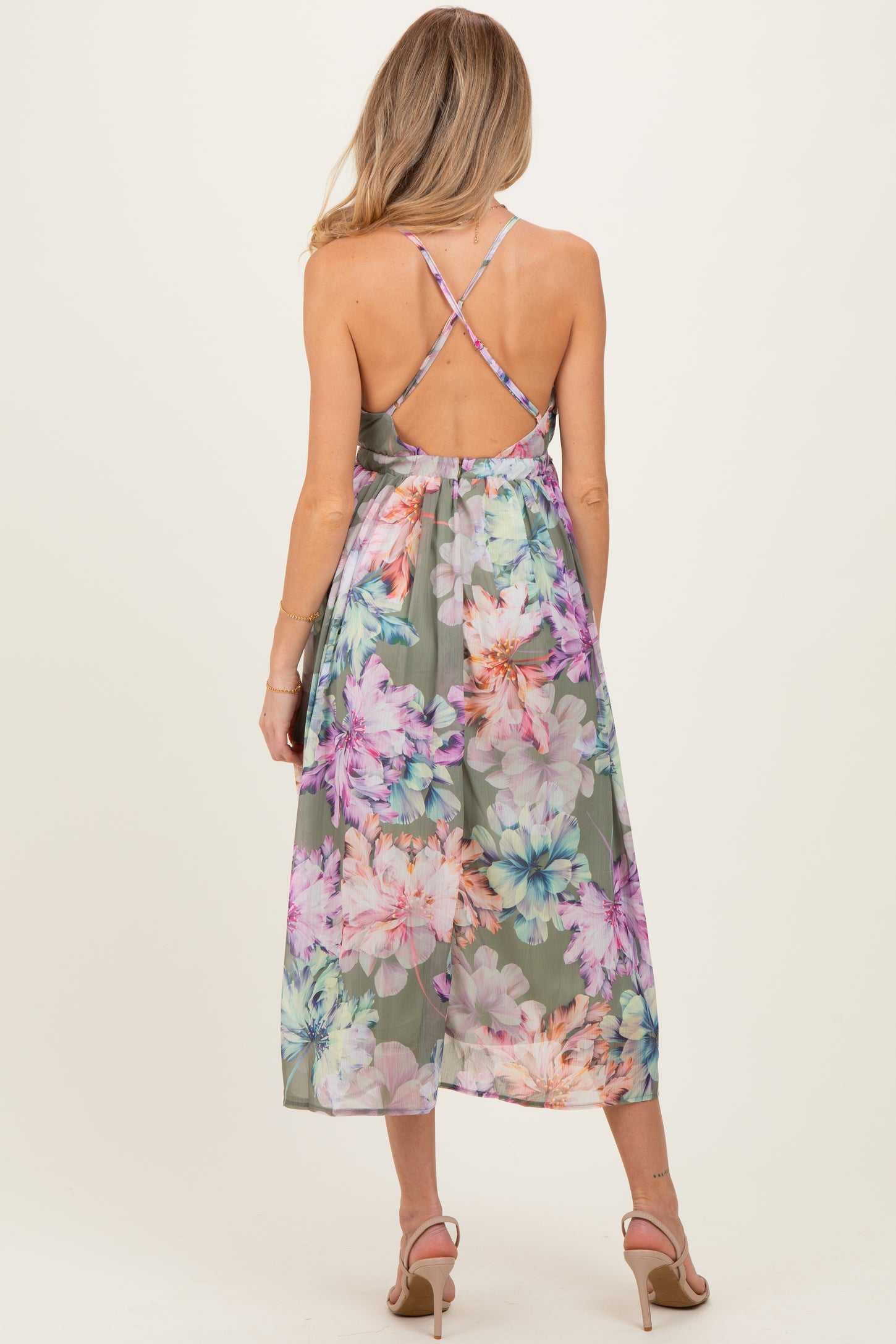 open back floral dress Sage Floral Open Back Maternity Midi Dress – PinkBlush