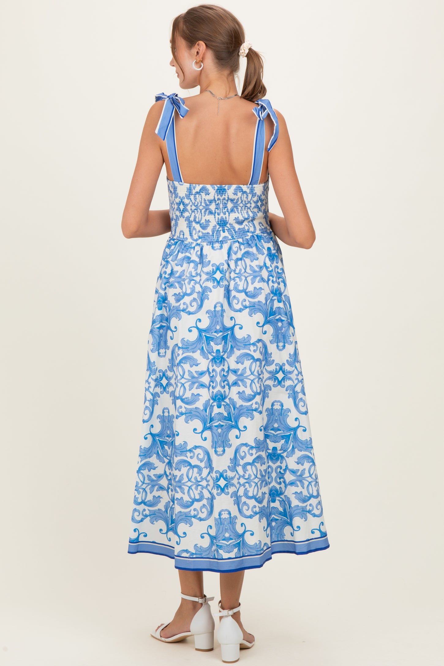 Blue Damask Shoulder Tie Maternity Midi Dress
