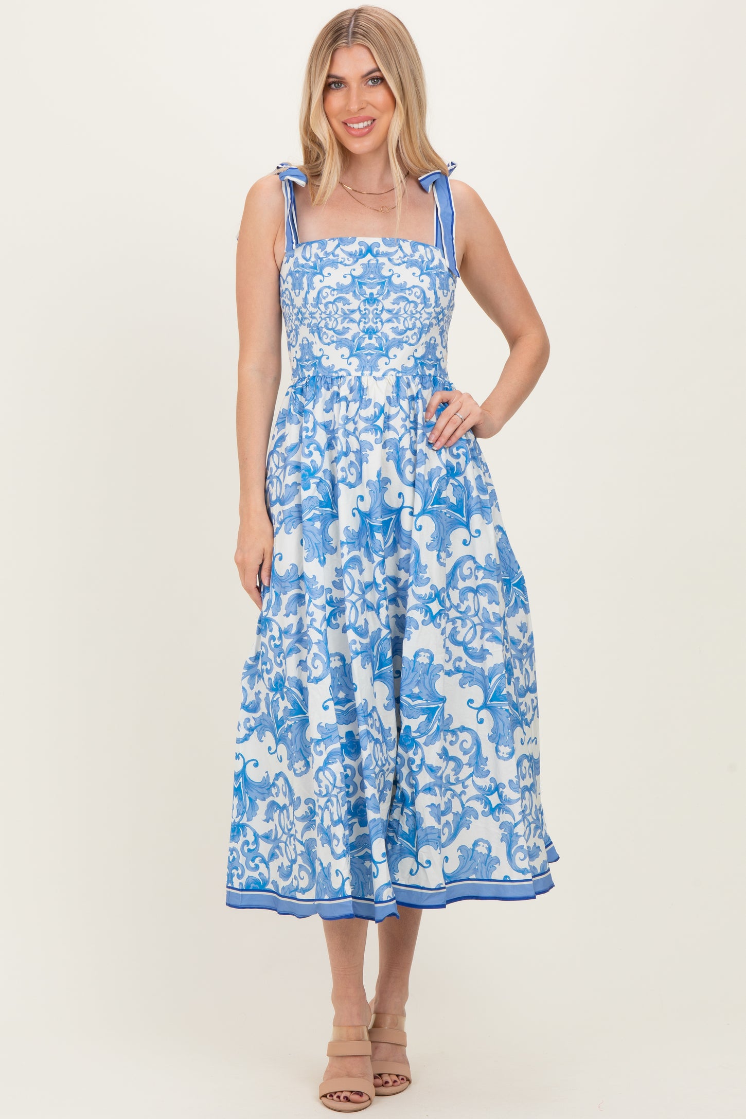 midi blue damask dress Ice Blue Winter Dress | Elegant Floral Damask Midi Dress