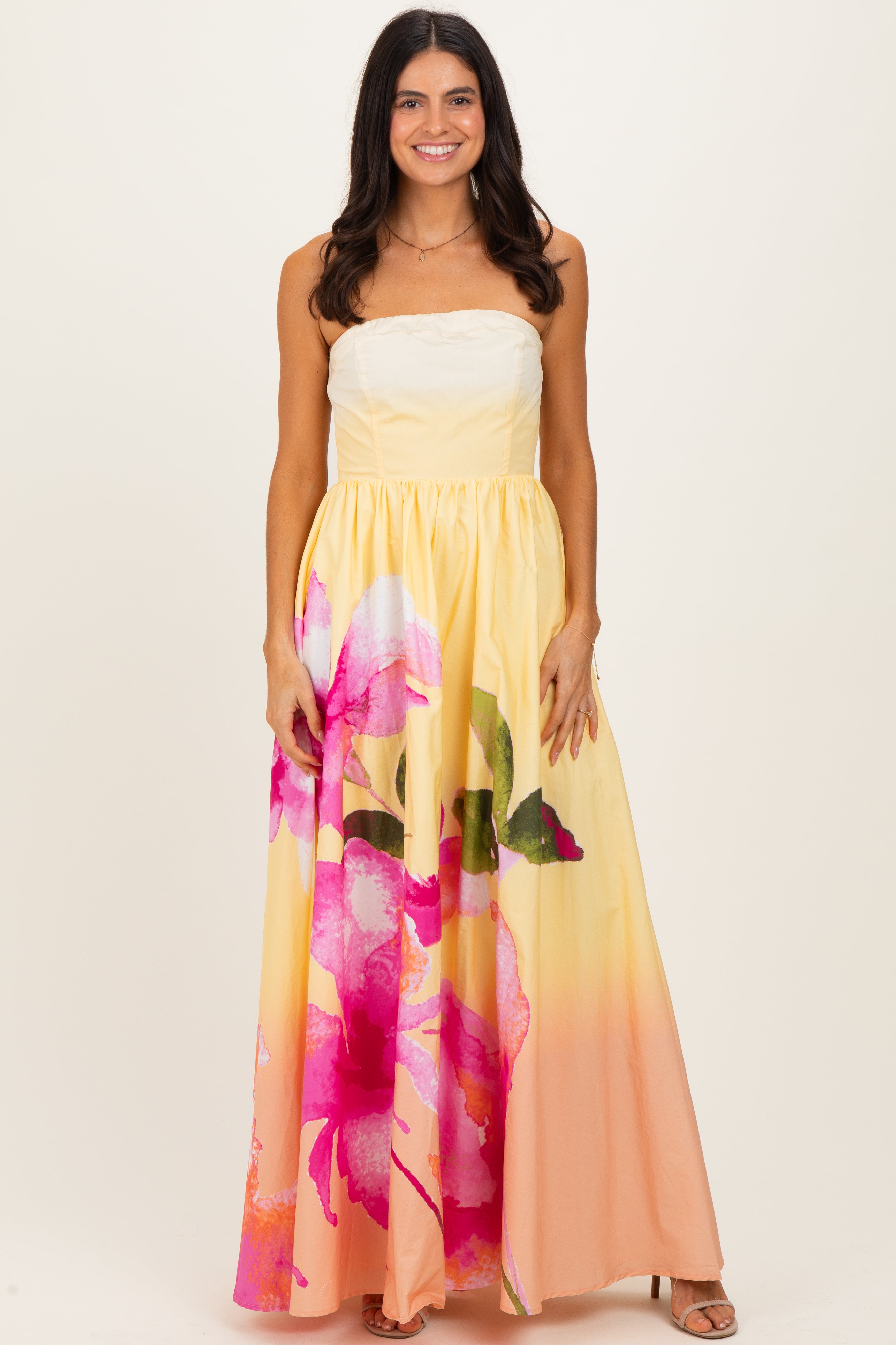 colorful floral maxi dress Light Yellow Strapless White Knee-length V-neck Lace yellow polka dot dress Size medium measures 56 Bust:32” (81.3cm)