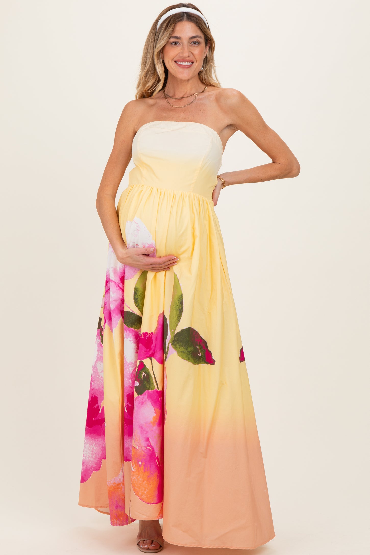 pink and yellow maternity dress Yellow Pink Sunflowers Print Frill Sleeve Maternity Midi Dress