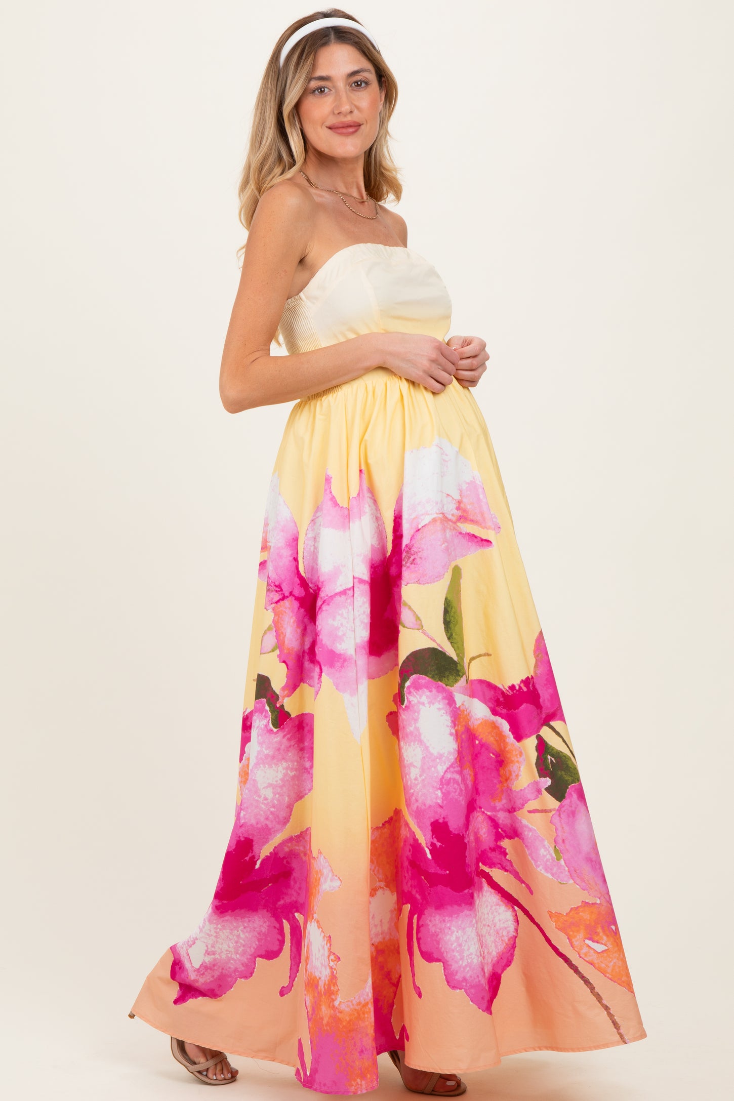 Light Yellow Floral Strapless Maternity Maxi Dress – PinkBlush