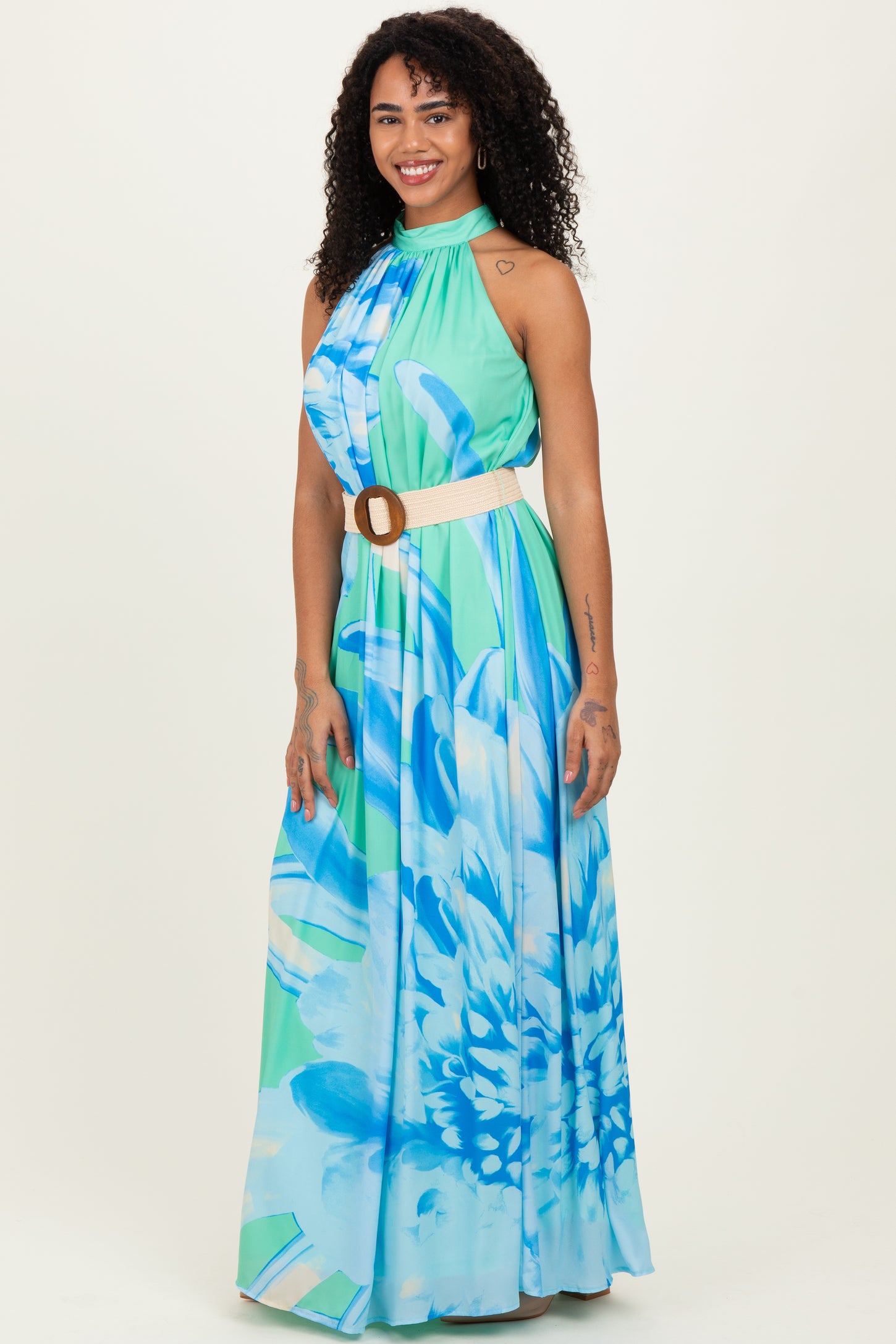Mint Floral Chiffon Halter Maxi Dress