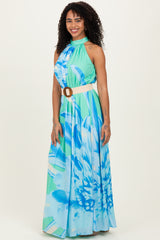Mint Floral Chiffon Halter Maxi Dress