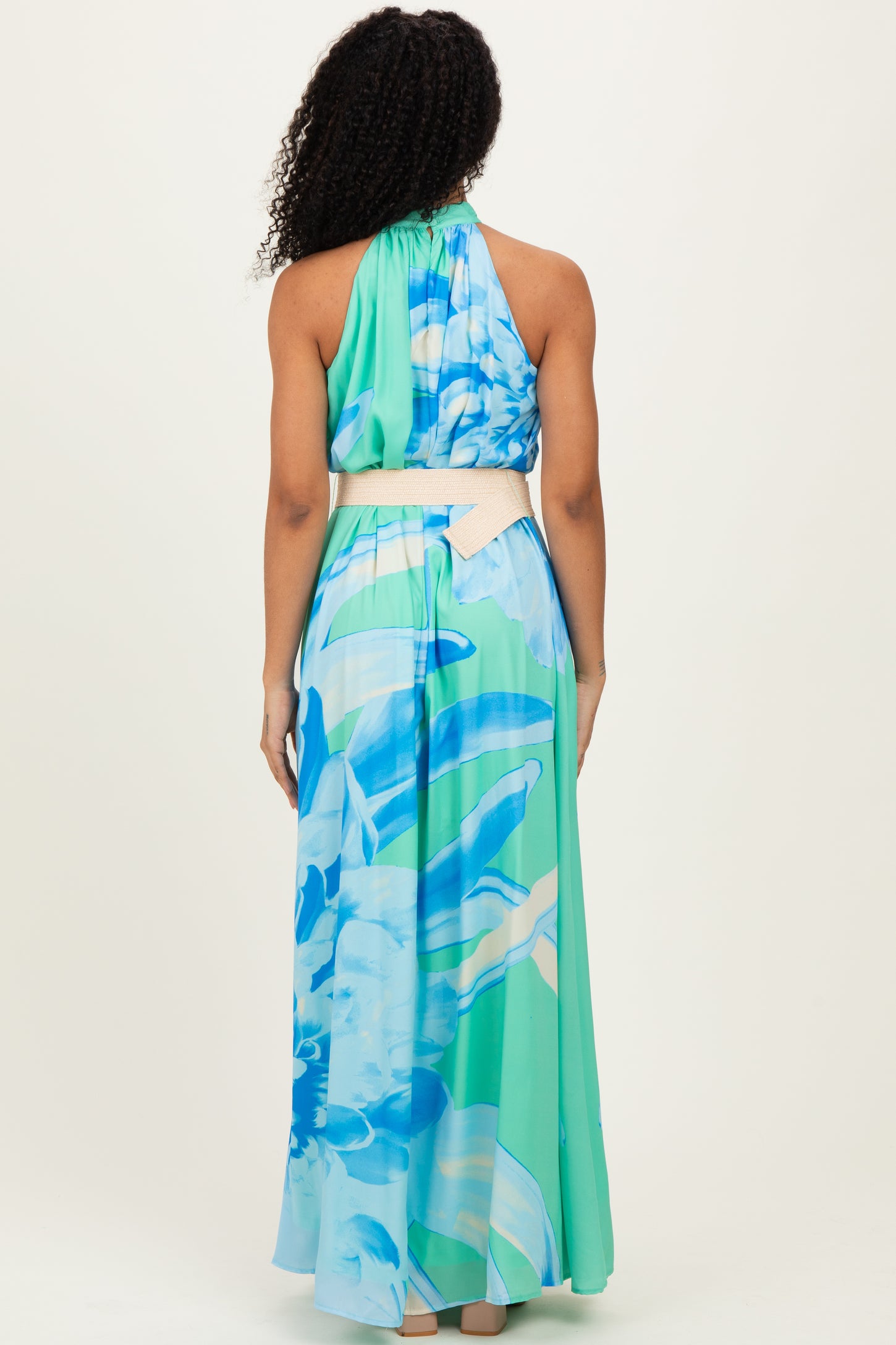 Mint Floral Chiffon Halter Maxi Dress