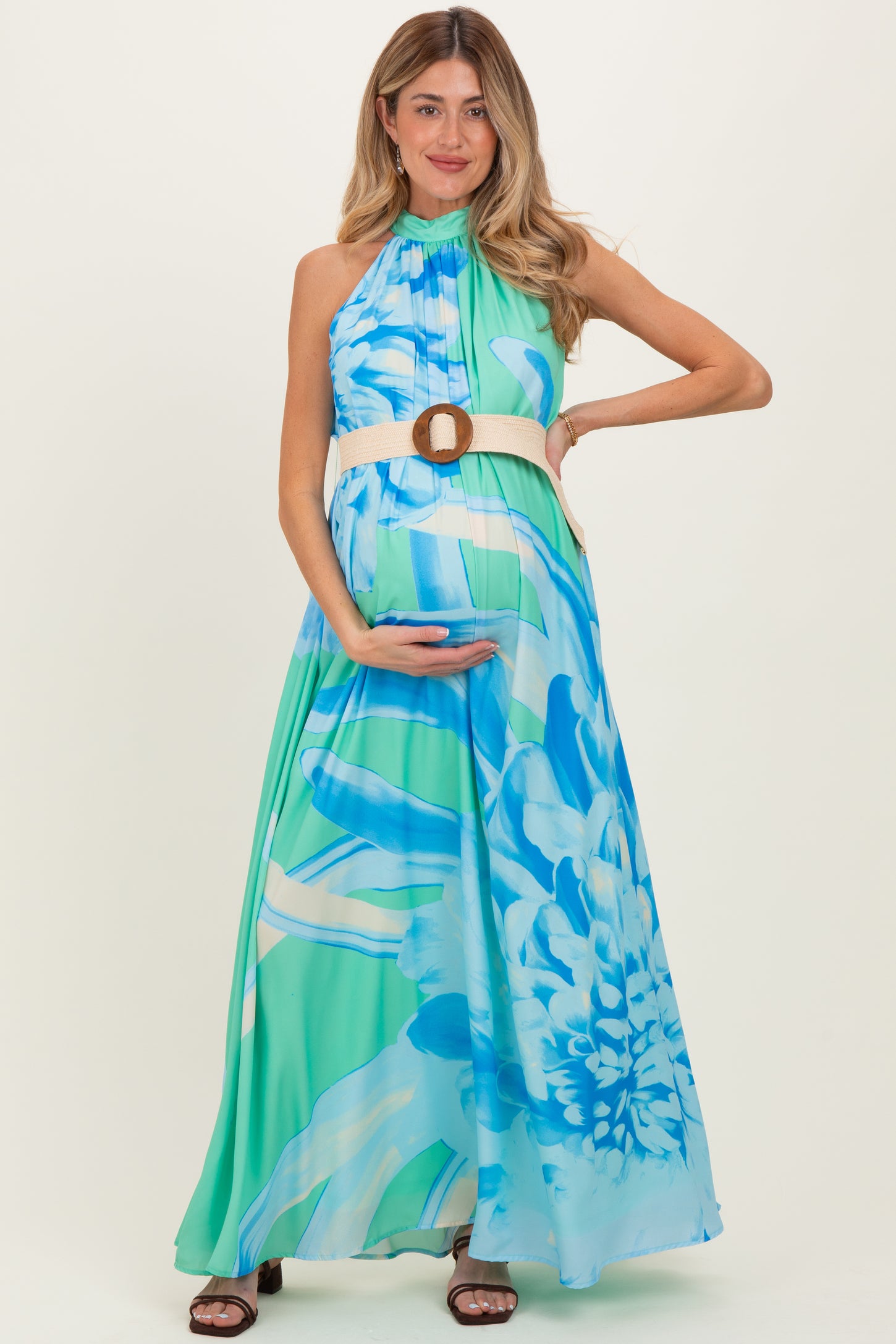Mint Floral Chiffon Halter Maternity Maxi Dress Mint Floral Chiffon Halter Maternity Maxi Dress