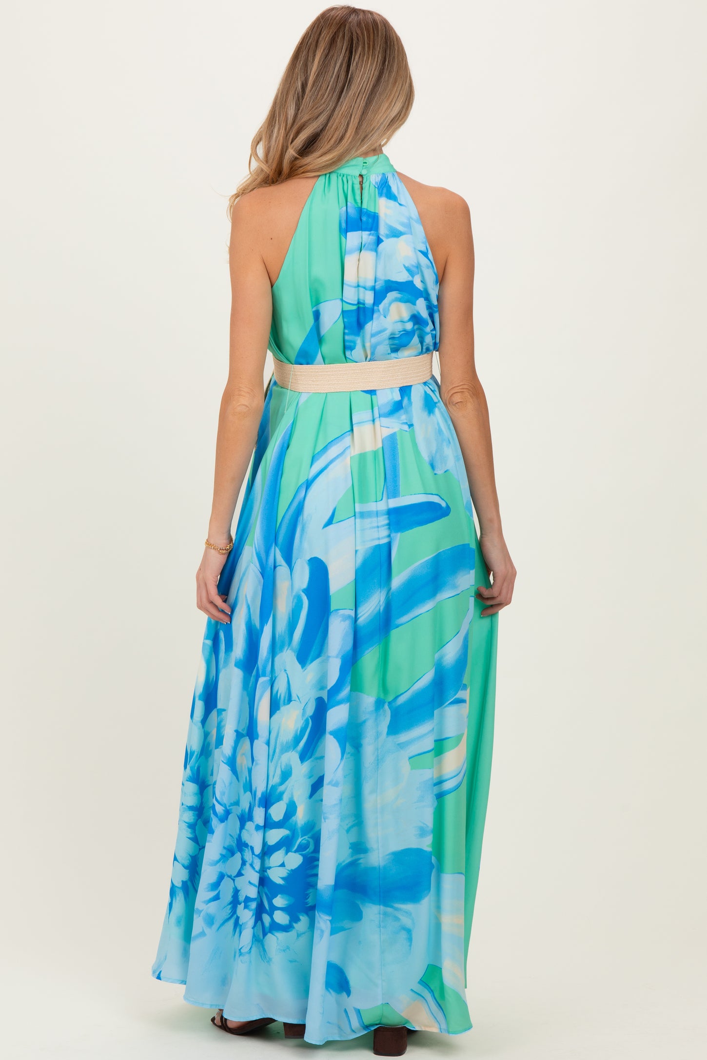Mint Floral Chiffon Halter Maternity Maxi Dress