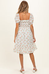 Off White Floral Sweetheart Neck Smocked Maternity Midi Dress