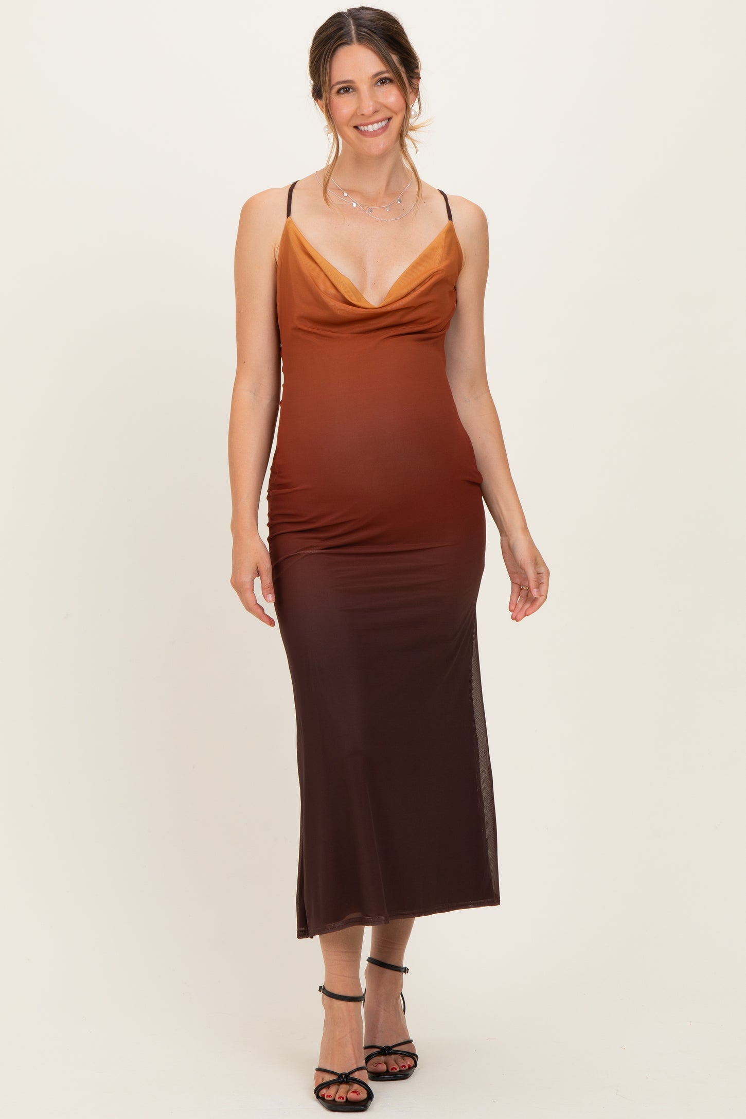 Ombre Brown Mesh Draped Neck Maternity Maxi Dress