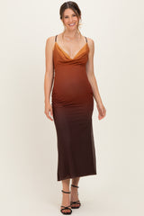 Ombre Brown Mesh Draped Neck Maternity Maxi Dress