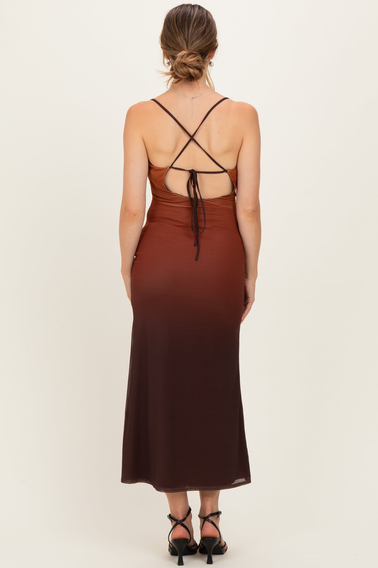 Ombre Brown Mesh Draped Neck Maternity Maxi Dress