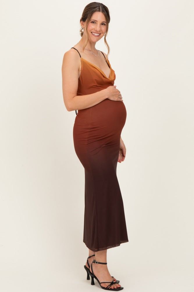 Ombre Brown Mesh Draped Neck Maternity Maxi Dress