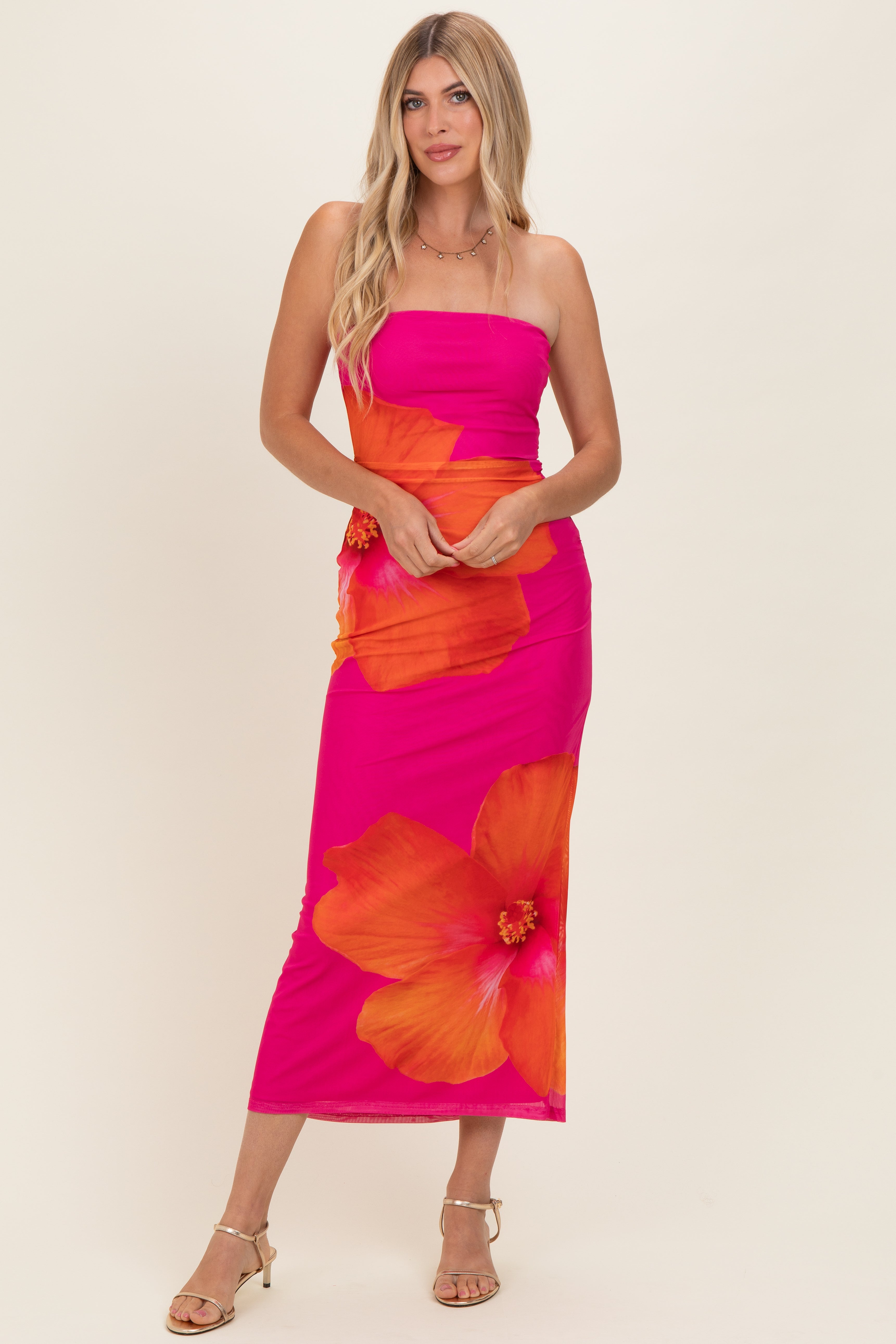 Fuchsia Floral Strapless Maxi Dress