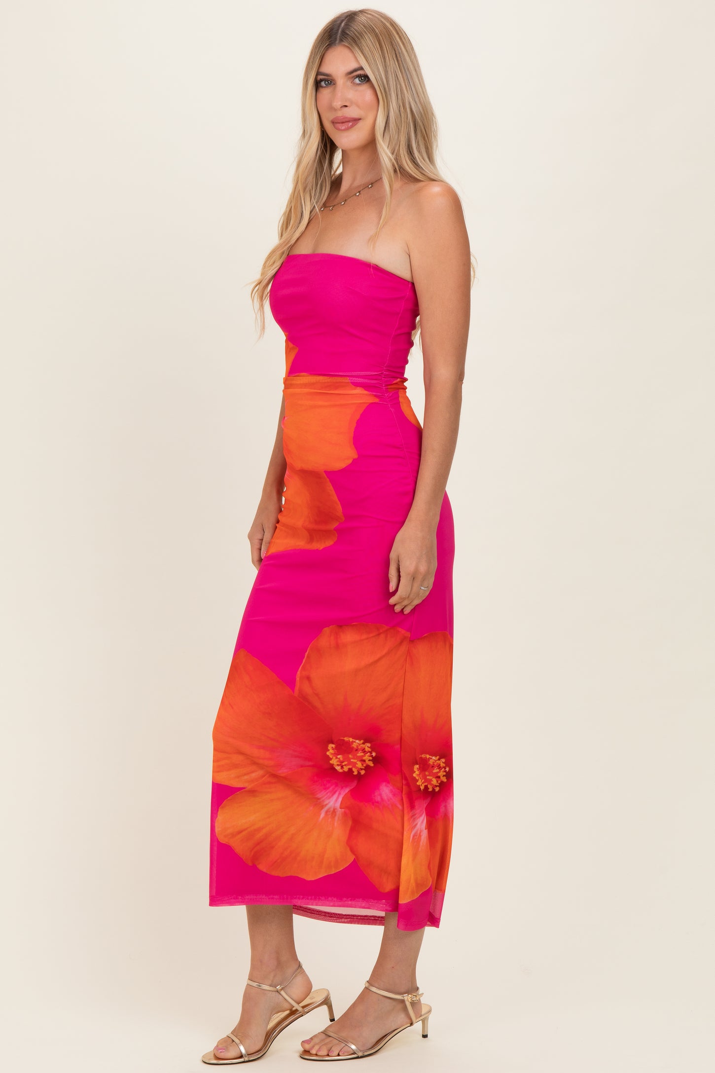 Fuchsia Floral Strapless Maxi Dress