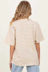 Taupe Striped Short Sleeve Crew Neck Oversized Cotton Maternity Top