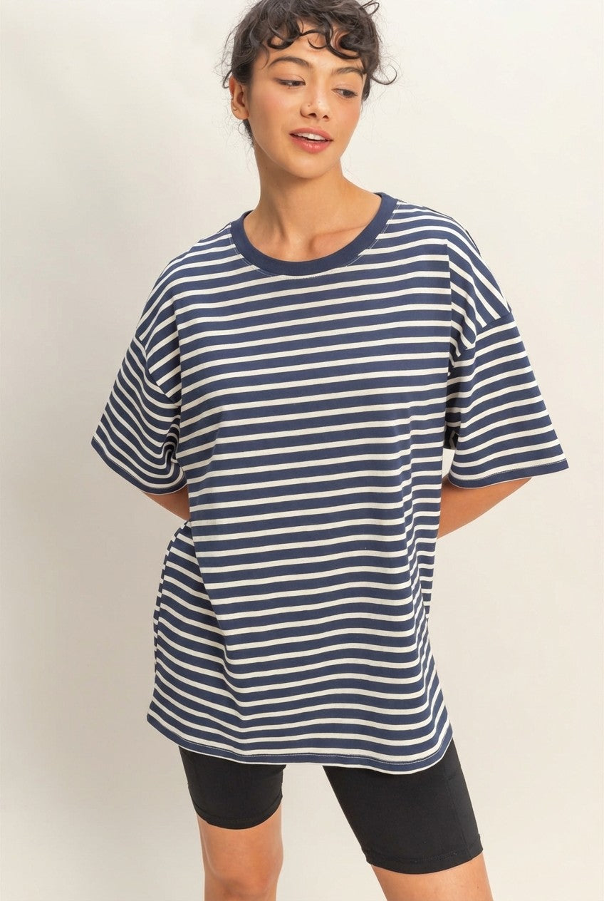 Navy Striped Short Sleeve Crew Neck Oversized Cotton Top