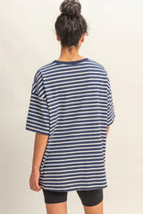 Navy Striped Short Sleeve Crew Neck Oversized Cotton Top