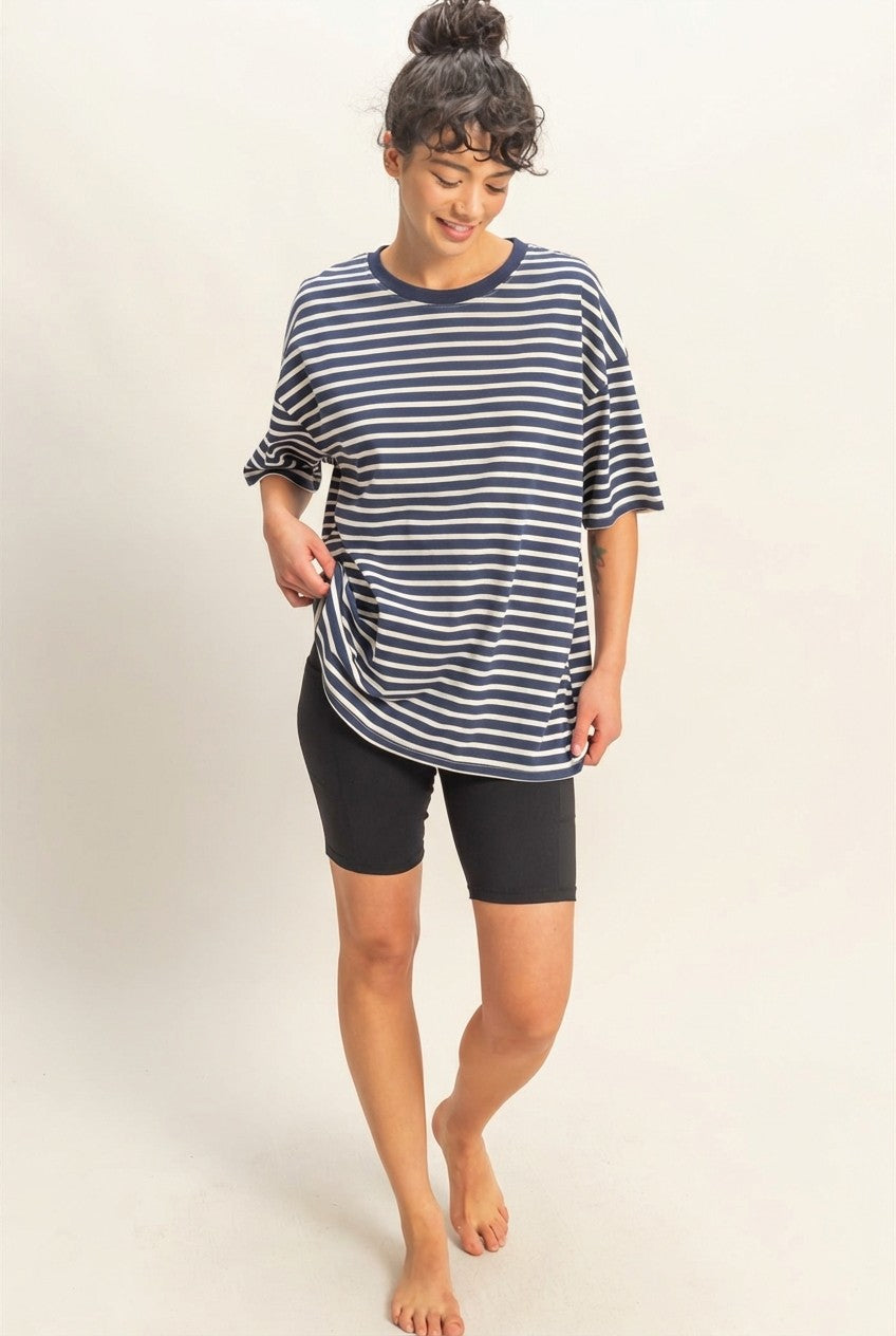 Navy Striped Short Sleeve Crew Neck Oversized Cotton Top