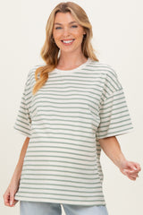 Sage Striped Short Sleeve Crew Neck Oversized Cotton Maternity Top