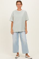 Sage Striped Short Sleeve Crew Neck Oversized Cotton Top