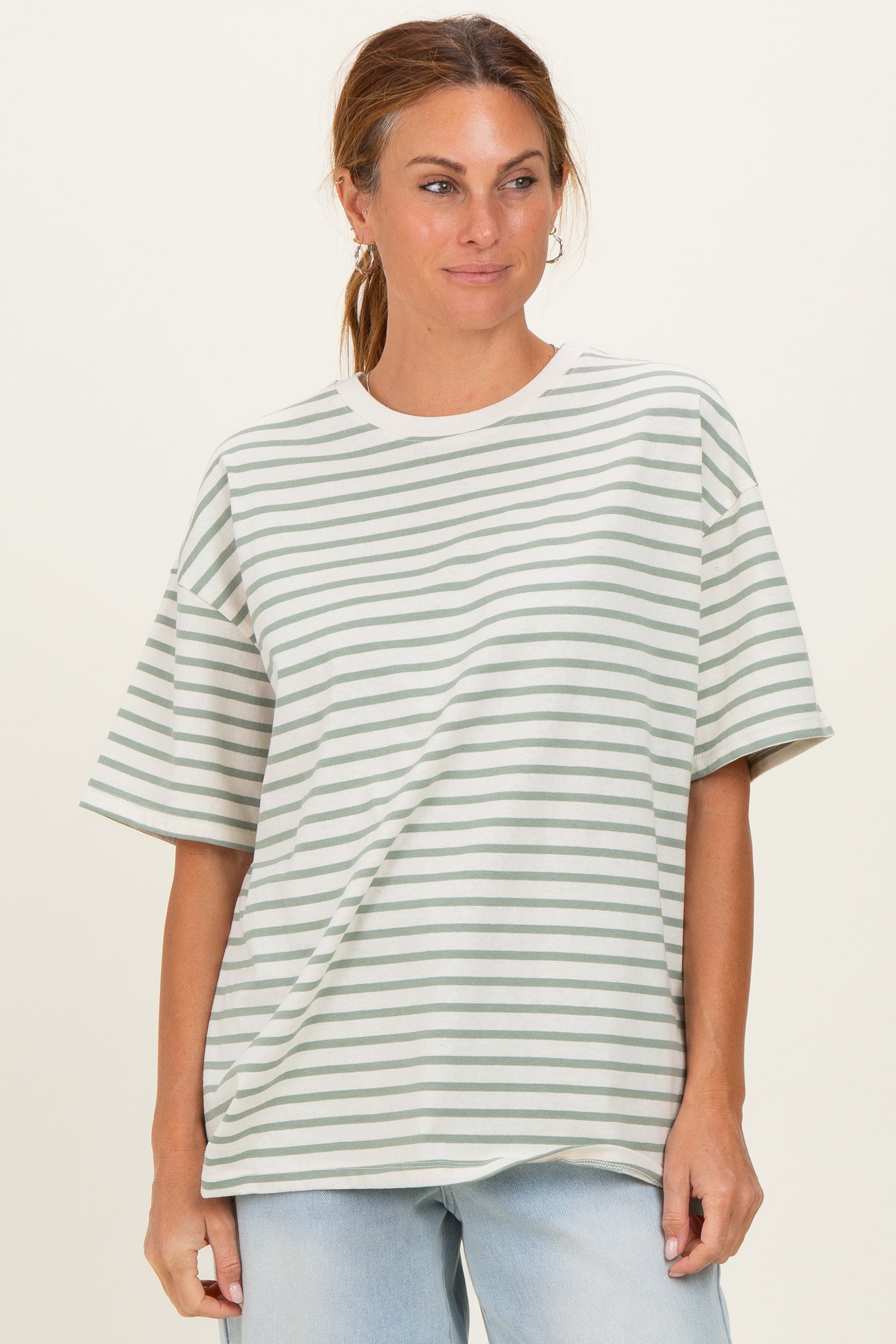 Sage Striped Short Sleeve Crew Neck Oversized Cotton Top