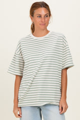 Sage Striped Short Sleeve Crew Neck Oversized Cotton Maternity Top