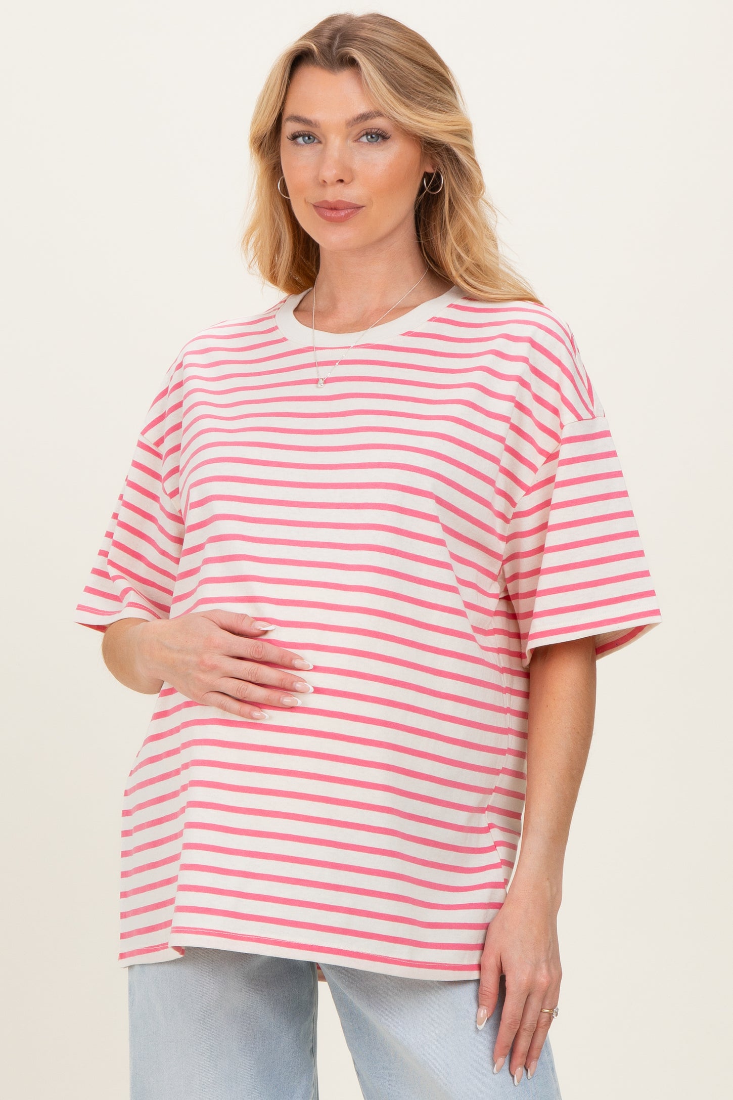 Pink Striped Short Sleeve Crew Neck Oversized Cotton Maternity Top