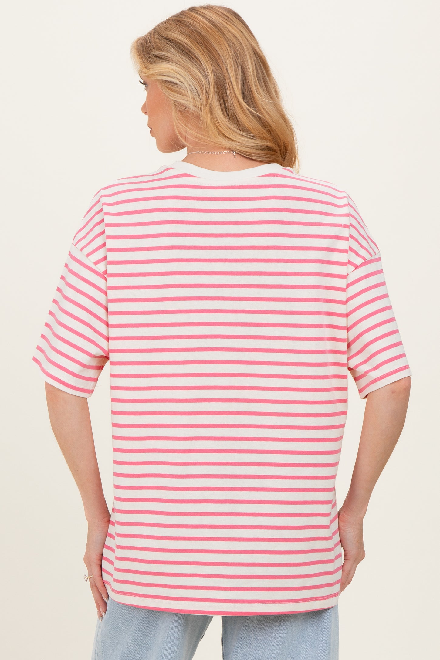 Pink Striped Short Sleeve Crew Neck Oversized Cotton Maternity Top