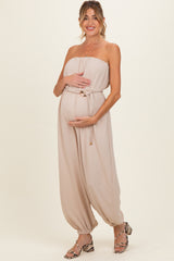 Beige Crinkled Tube Balloon Maternity Jumpsuit