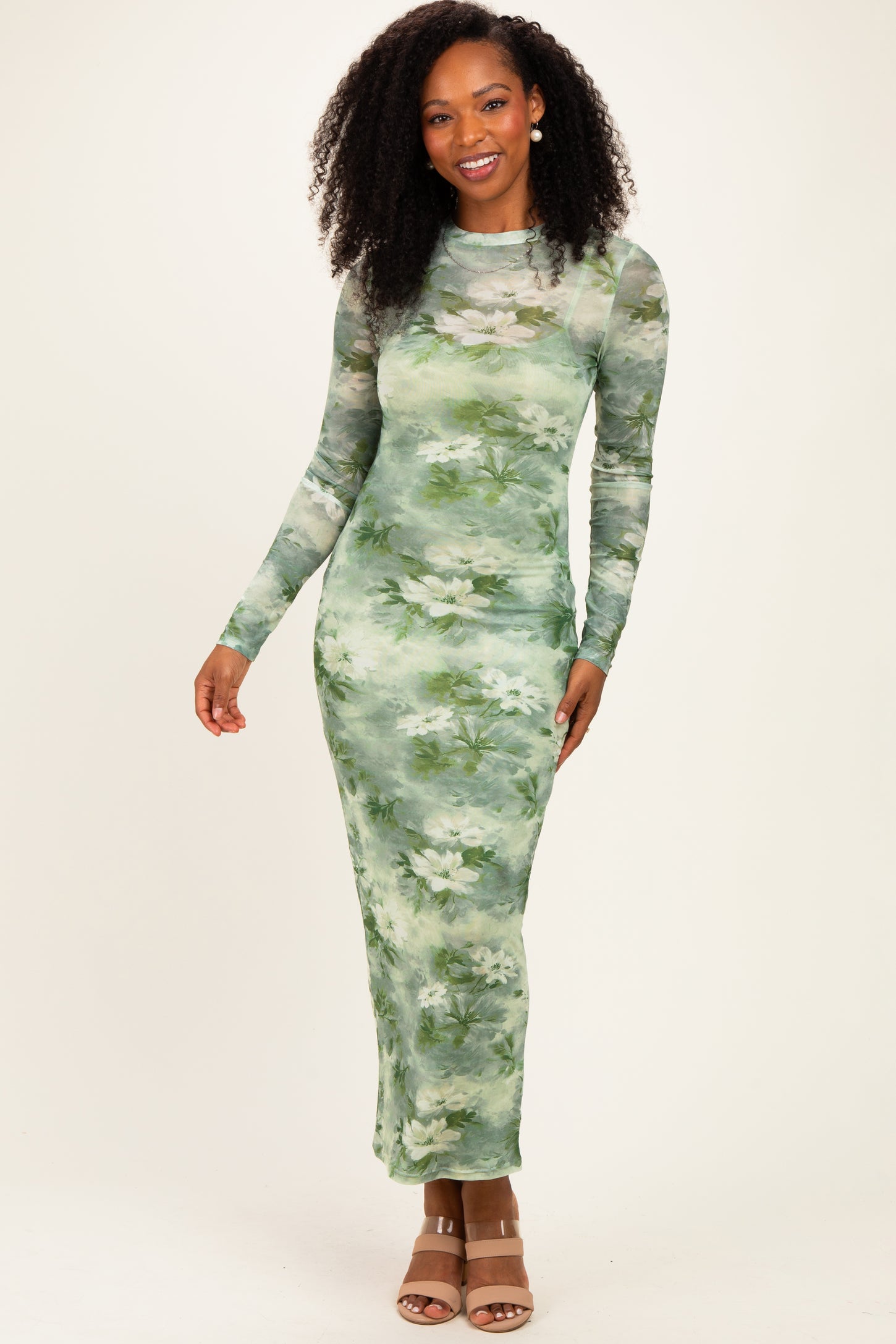 Light Olive Floral Mesh Overlay Maxi Dress – PinkBlush