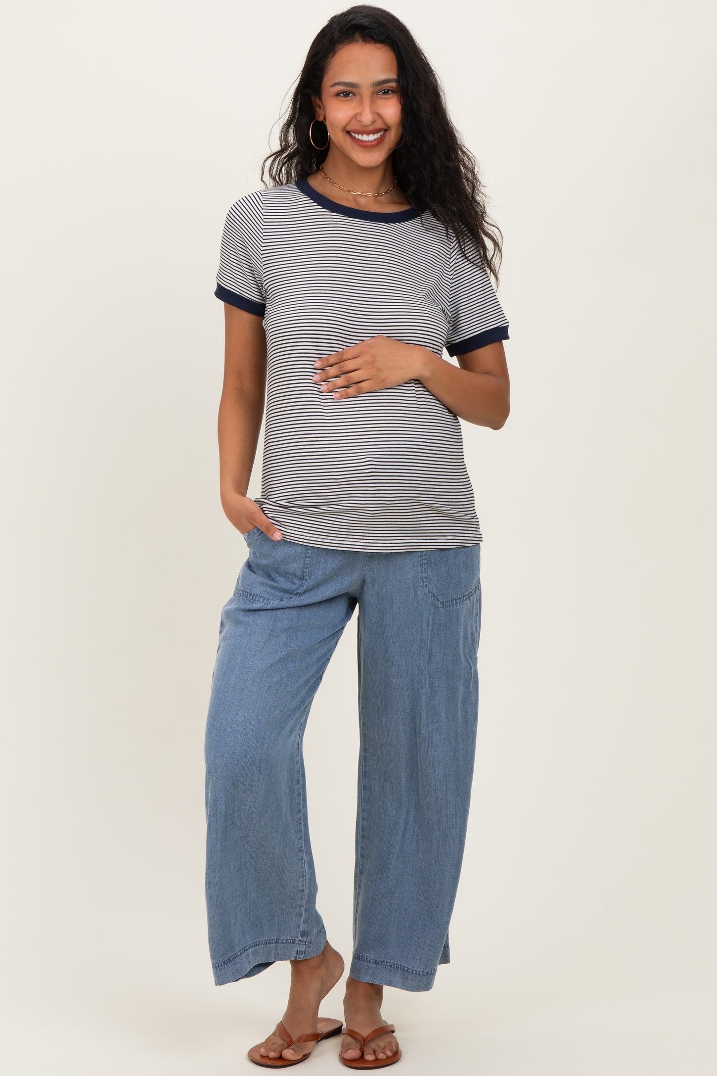 Ivory Navy Trimmed Striped Maternity Top