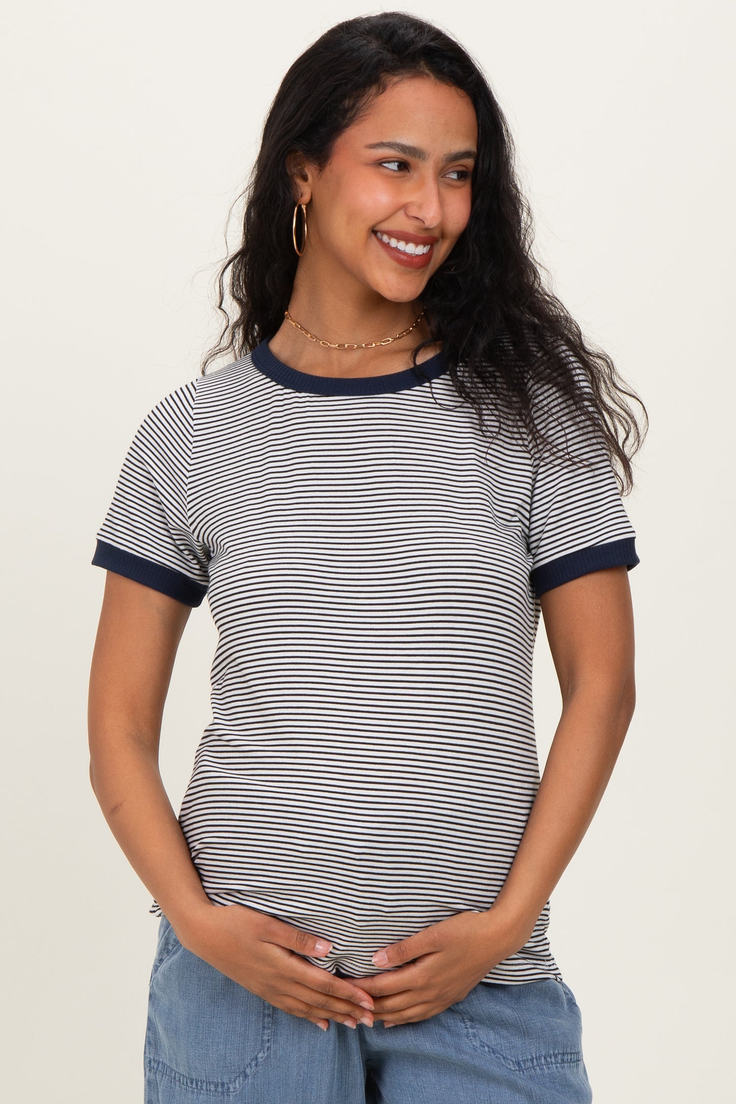 Ivory Navy Trimmed Striped Maternity Top