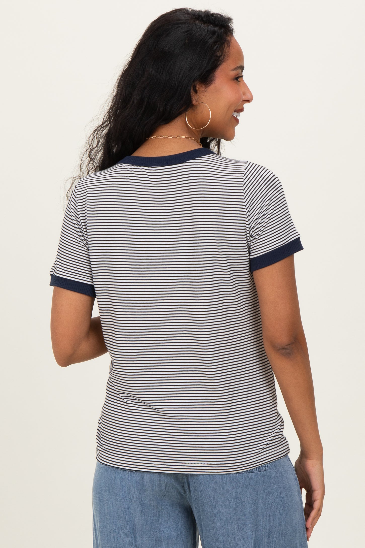 Ivory Navy Trimmed Striped Maternity Top