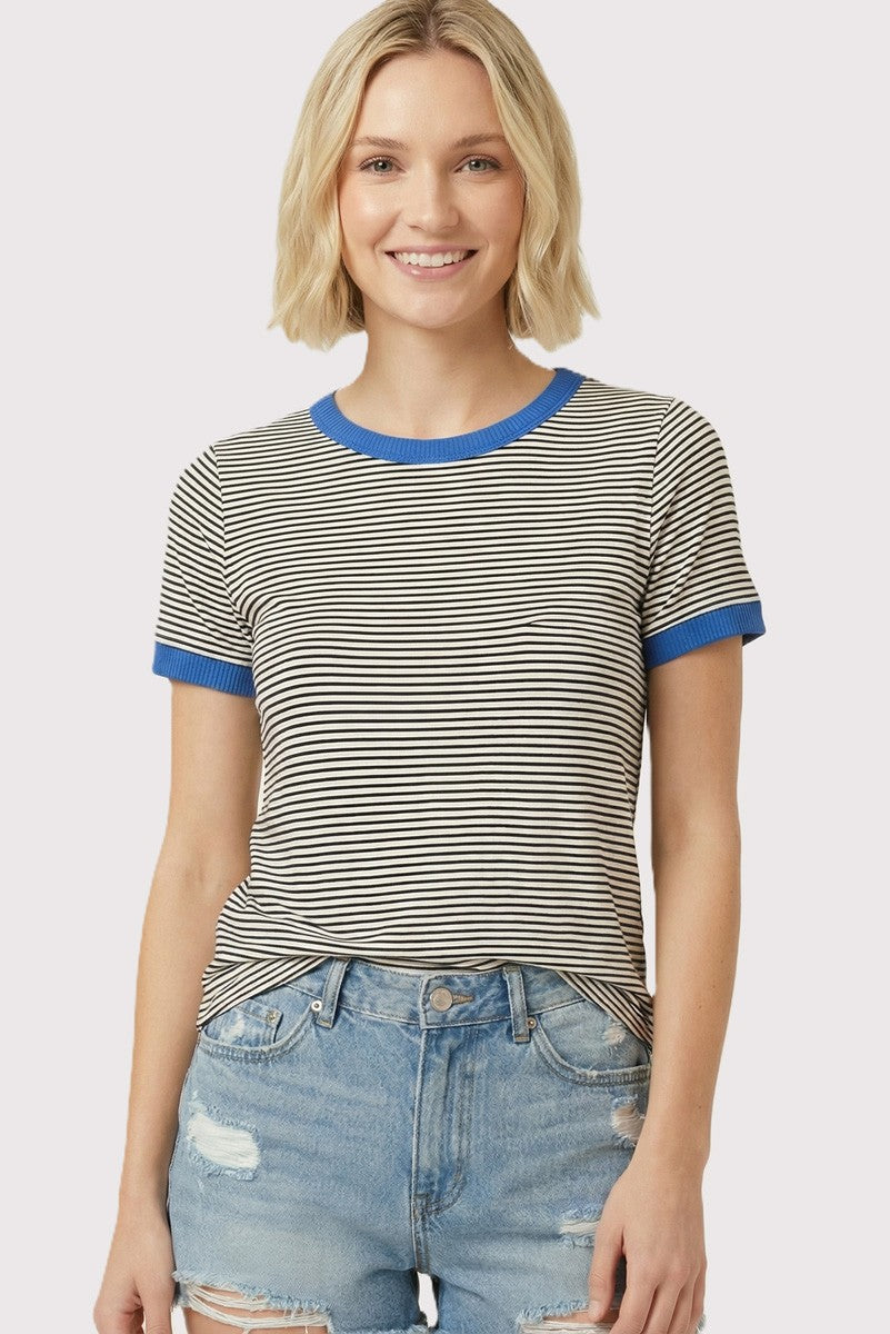 Ivory Blue Trimmed Striped Top