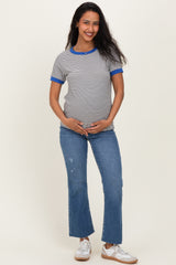 Ivory Blue Trimmed Striped Maternity Top