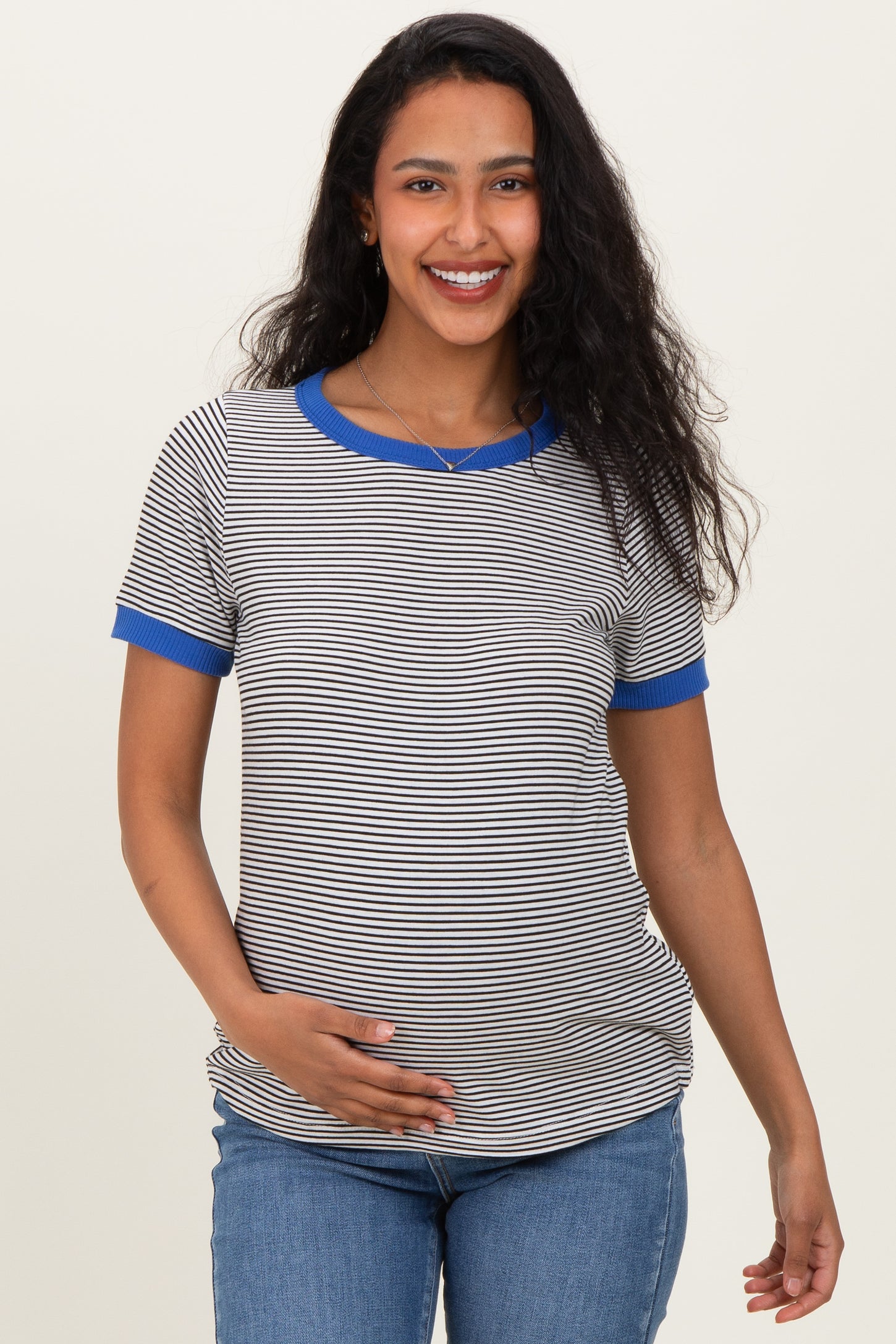 Ivory Blue Trimmed Striped Maternity Top