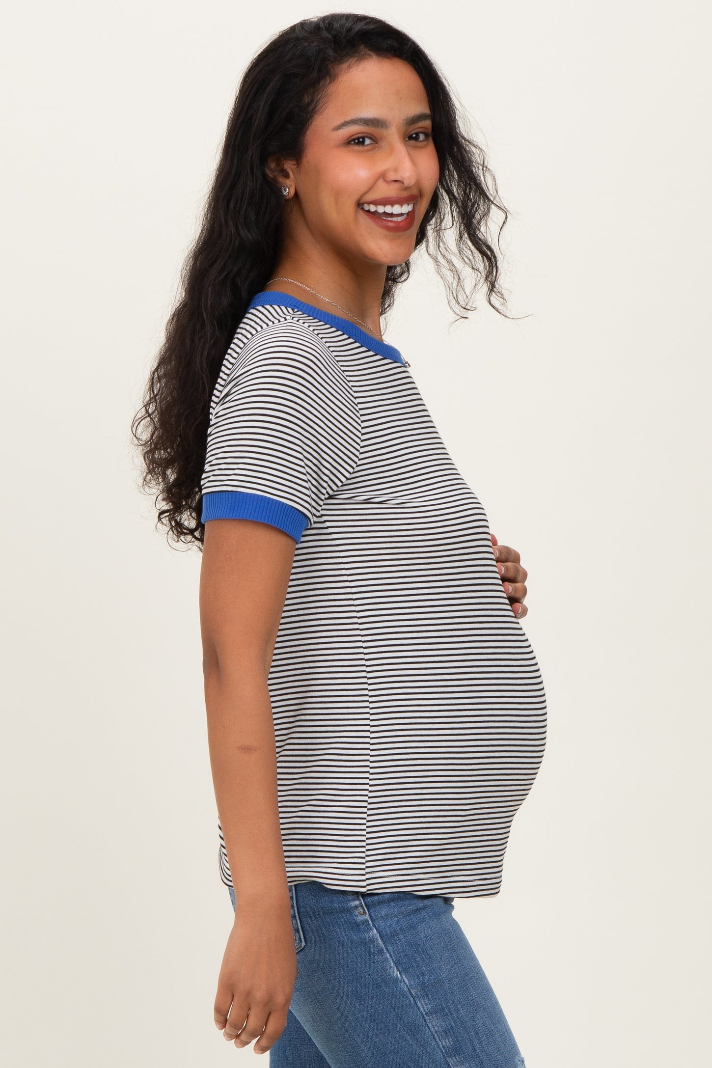 Ivory Blue Trimmed Striped Maternity Top
