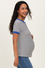 Ivory Blue Trimmed Striped Maternity Top