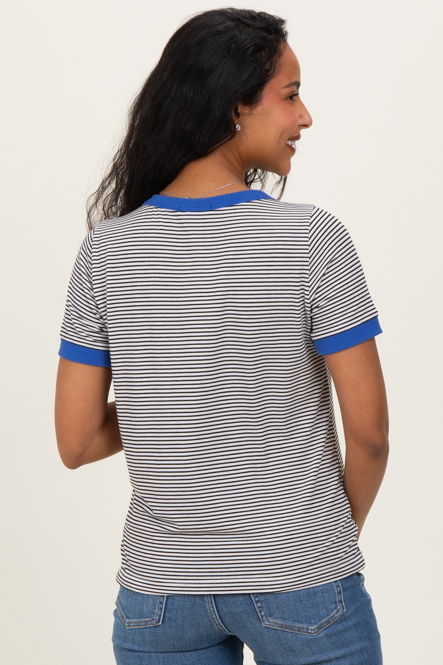 Ivory Blue Trimmed Striped Maternity Top