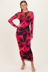 Red Abstract Print Mesh Overlay Maternity Maxi Dress