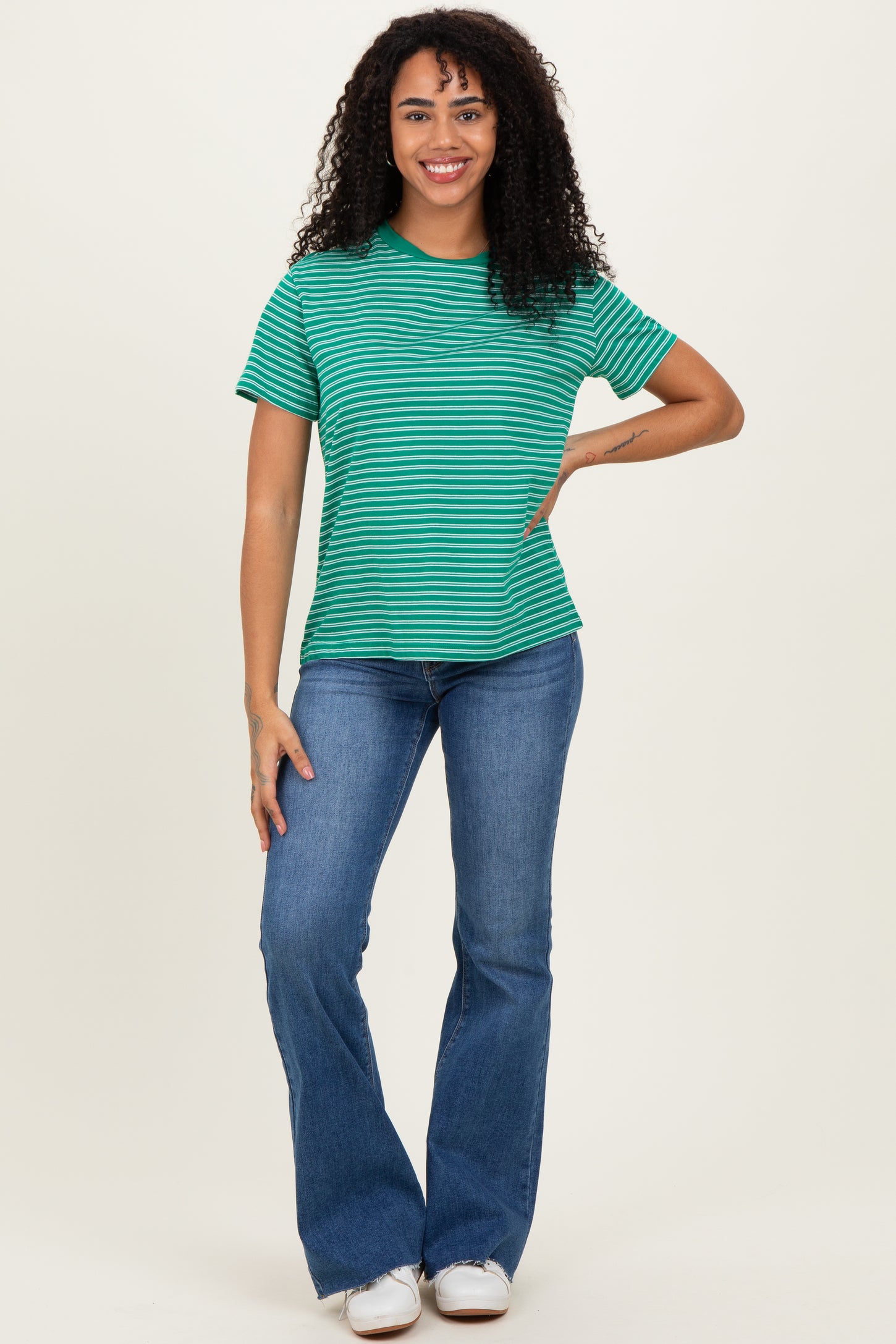 Green/White Short Sleeve Round Neck Stripe Tee
