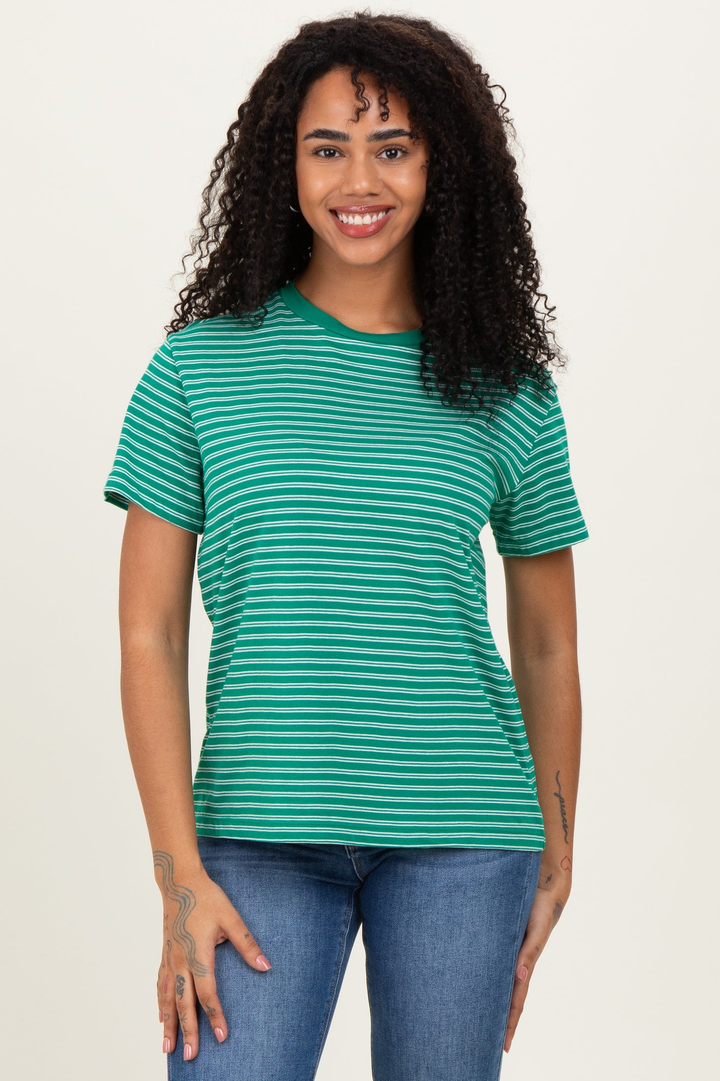 Green/White Short Sleeve Round Neck Stripe Maternity Tee