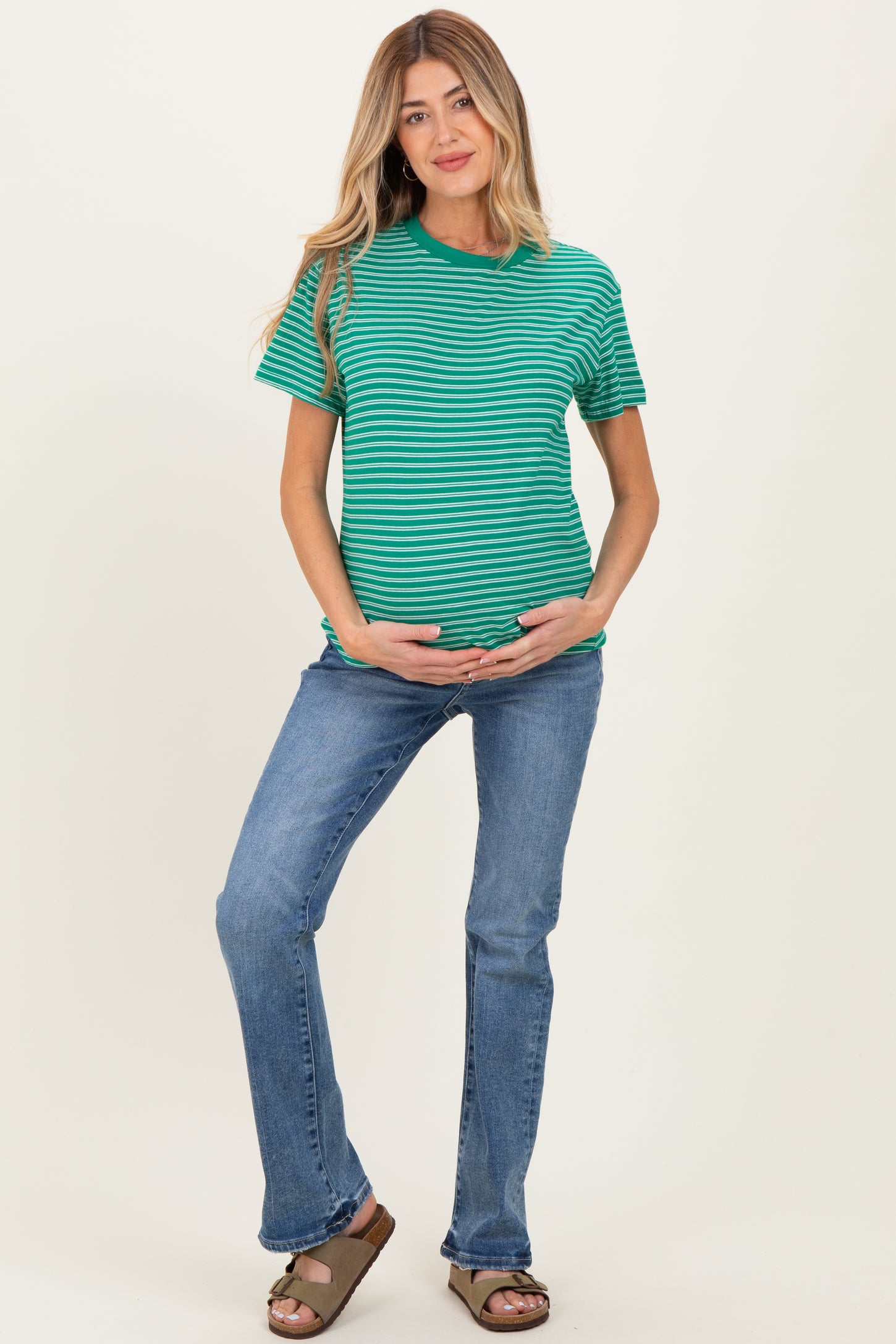 Green/White Short Sleeve Round Neck Stripe Maternity Tee