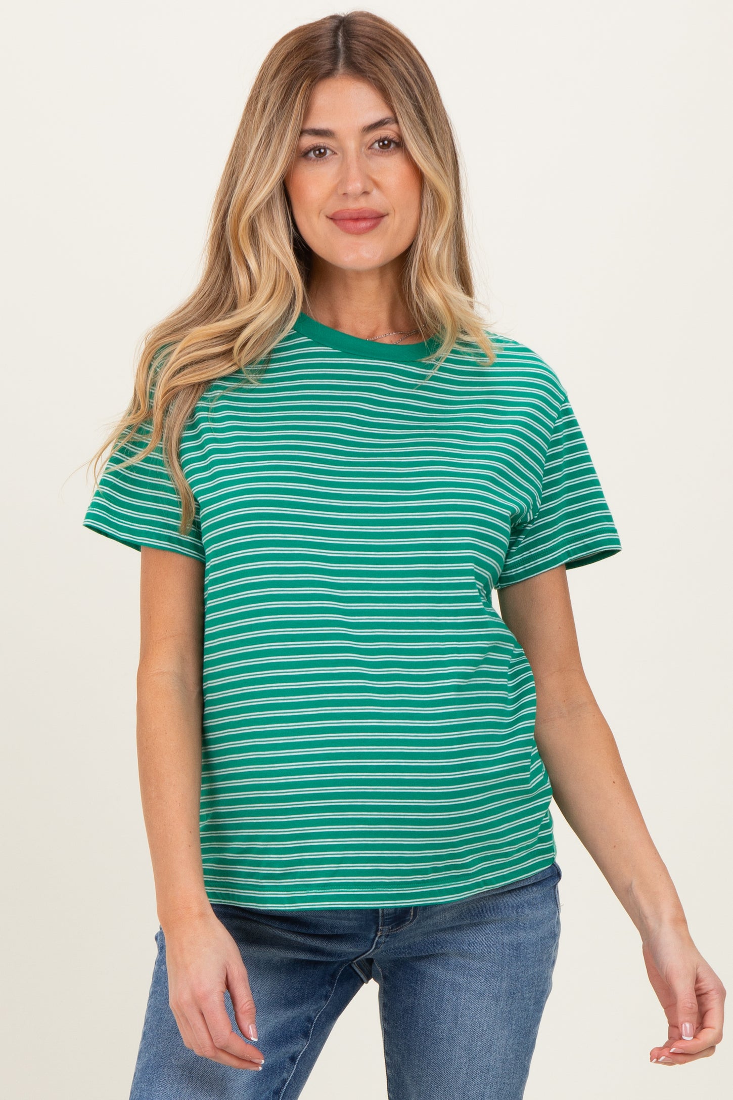 Green/White Short Sleeve Round Neck Stripe Maternity Tee
