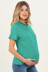 Green/White Short Sleeve Round Neck Stripe Maternity Tee