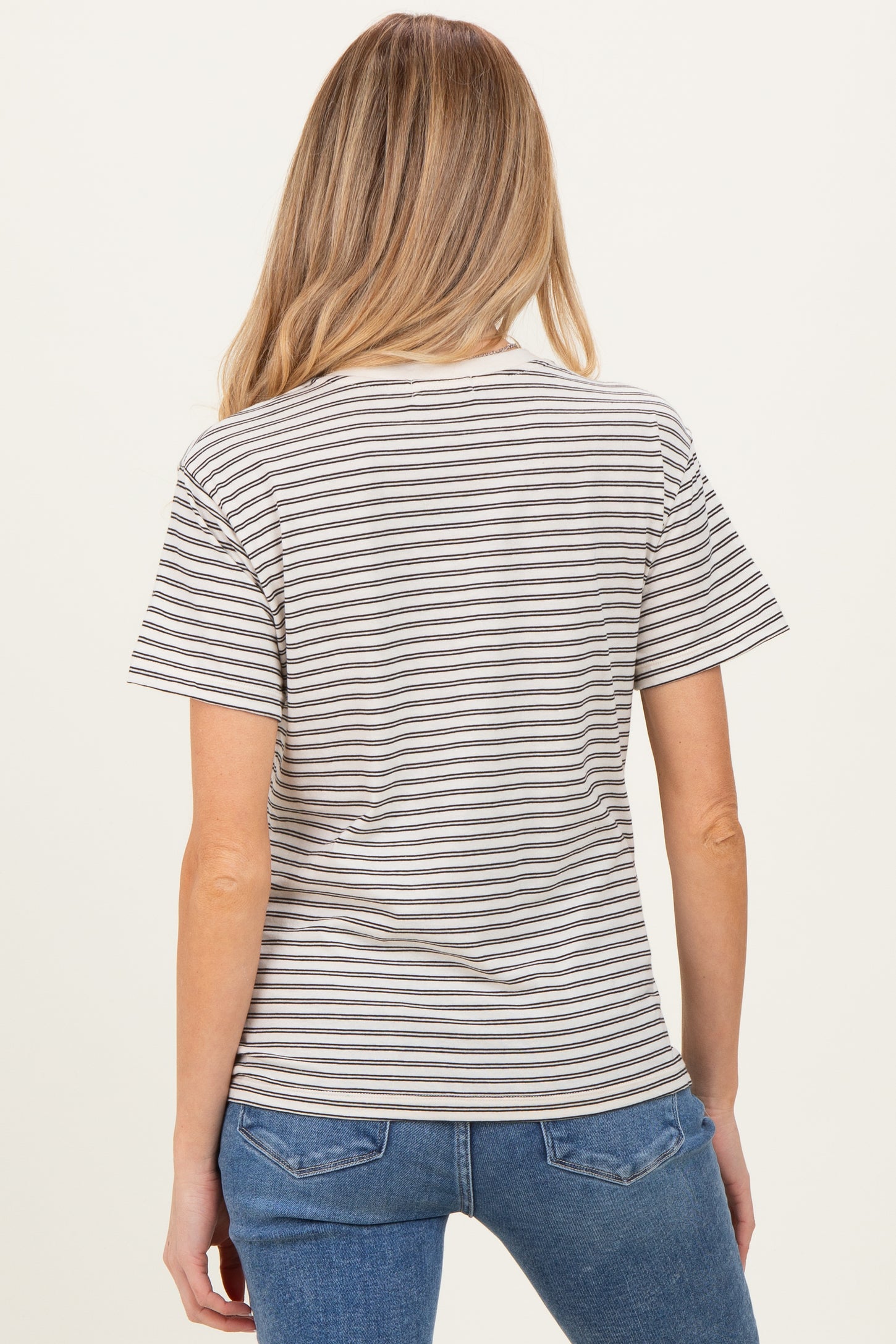 Beige/Black Short Sleeve Round Neck Stripe Maternity Tee