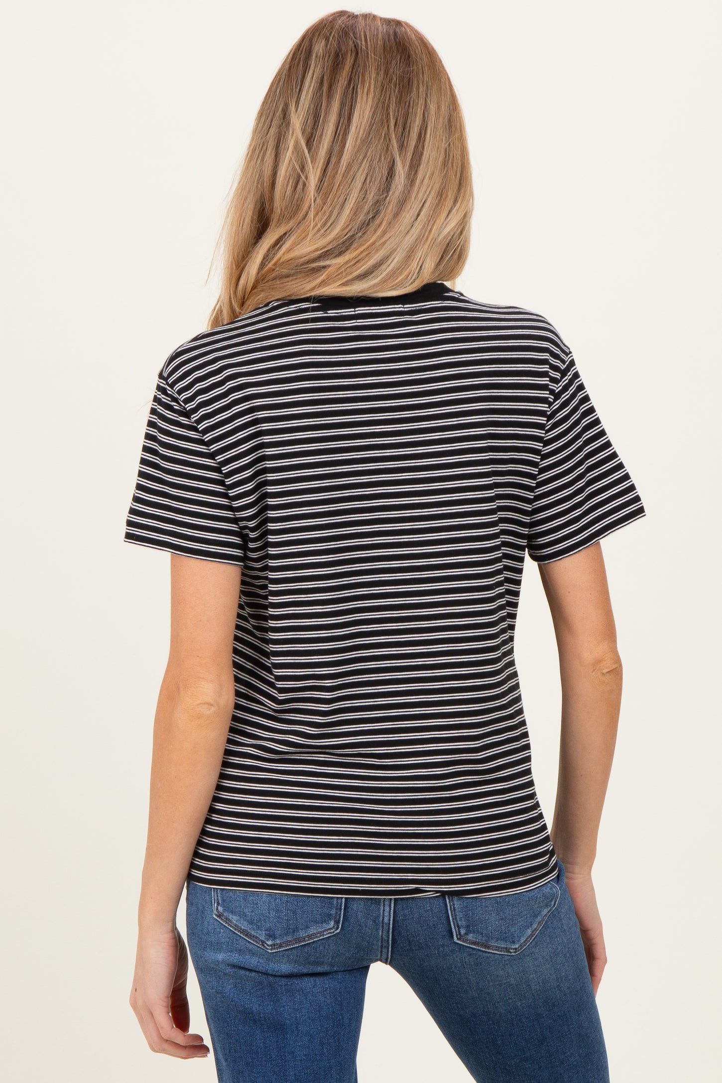 Black/White Short Sleeve Round Neck Stripe Maternity Tee