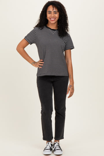 Black/White Short Sleeve Round Neck Stripe Tee