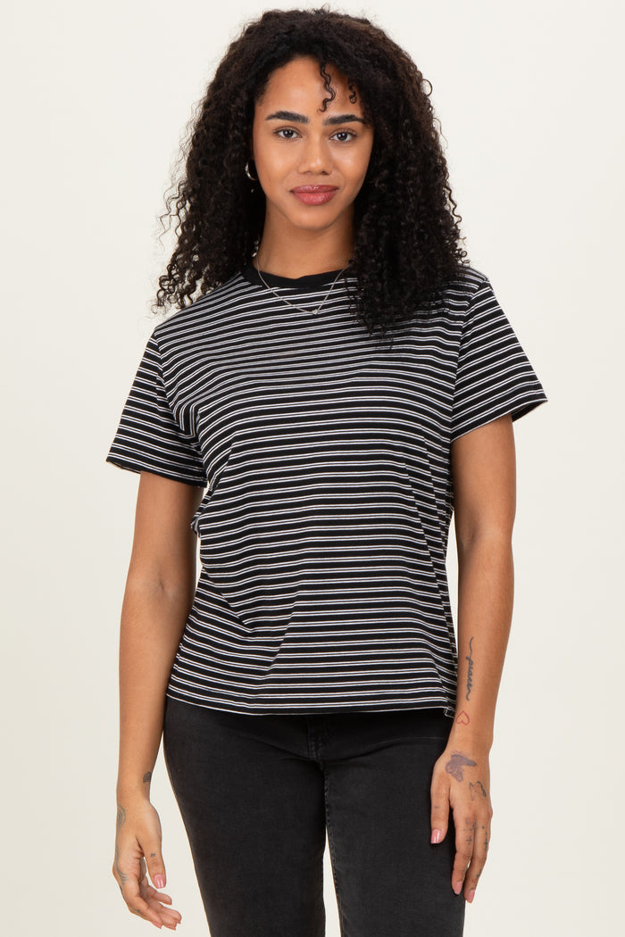 Black/White Short Sleeve Round Neck Stripe Tee