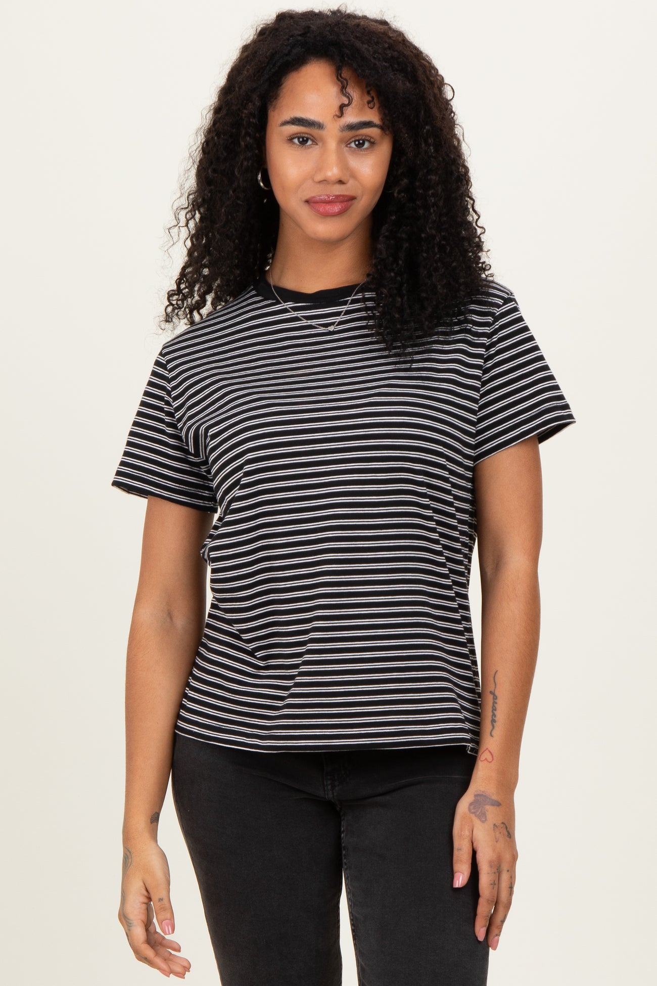 Black/White Short Sleeve Round Neck Stripe Maternity Tee